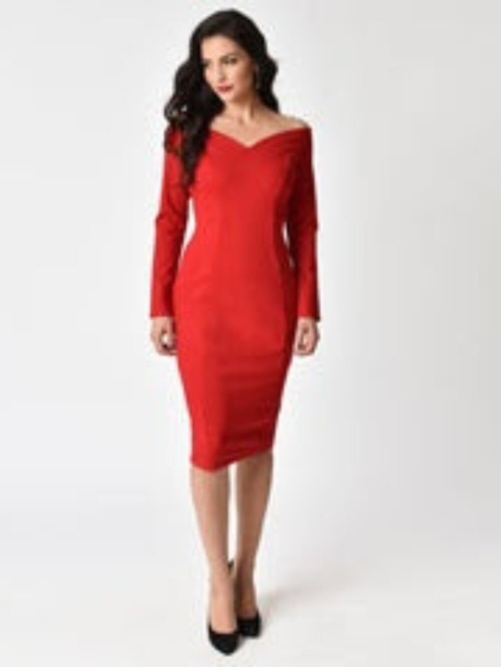 Unique Vintage 1960s Red Cotton Stretch Long Sleeved Cape Cod Wiggle Dress - Med